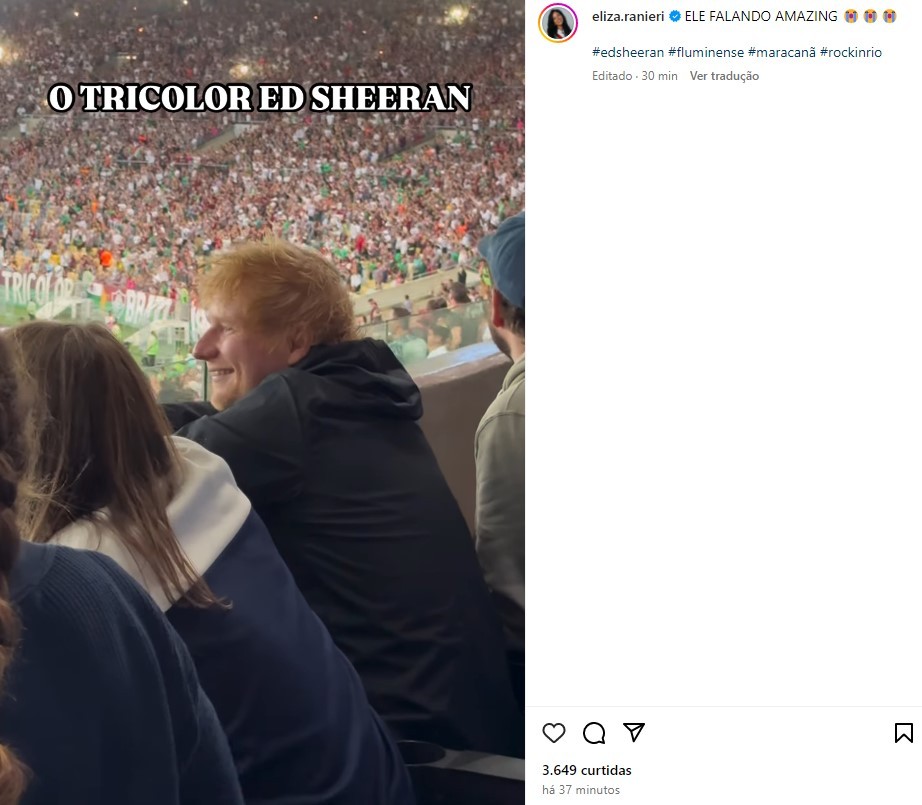 Ed Sheeran vai ao Maracanã para ver Fluminense x Atlético-MG pela Libertadores: 'Amazing'