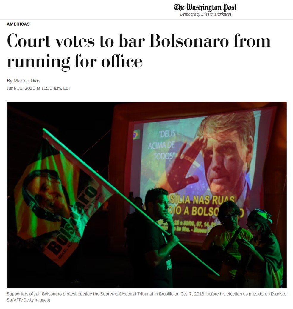 Jornal norteamericano "The Washington Post" noticia o retorno das votações sobre a inelegibilidade do ex-presidente Jair Bolsonaro  — Foto: Reprodução