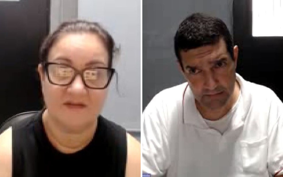 Marina Célia Lopes da Cruz Oliveira e Guilherme Osório de Oliveira, durante audiência de custódia após serem presos no litoral paulista. — Foto: Reprodução/EPTV