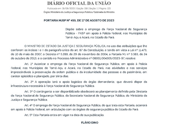 Ministério da Justiça autoriza uso da Força Nacional para conter conflito do dendê no Pará — Foto: Reprodução / DOU