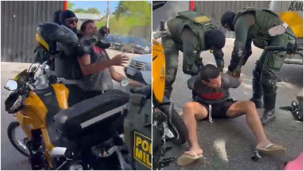 Influenciador tem moto apreendida em blitz, tenta quebrar veículo e leva mata-leão de policial, em Fortaleza — Foto: Reprodução