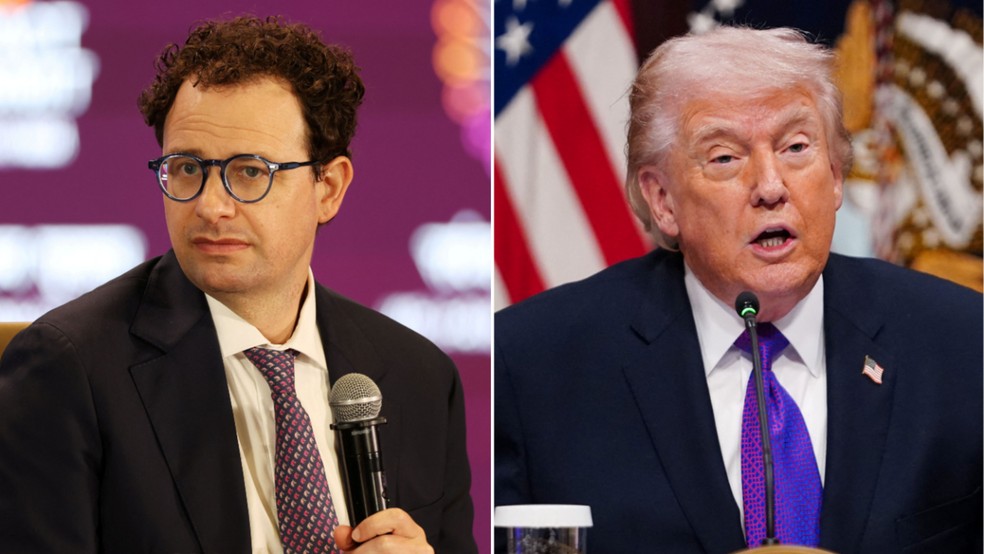 Dario Amodei, diretor-executivo da Anthropic, e Donald Trump, presidente dos EUA — Foto: Reuters/Bhawika Chhabra; Reuters/Nathan Howard