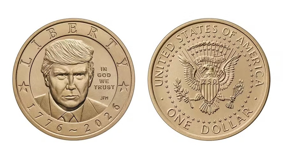 Moeda comemorativa de US$ 1 com o rosto de Donald Trump — Foto: Divulgação — Foto: Foto: Divulgação