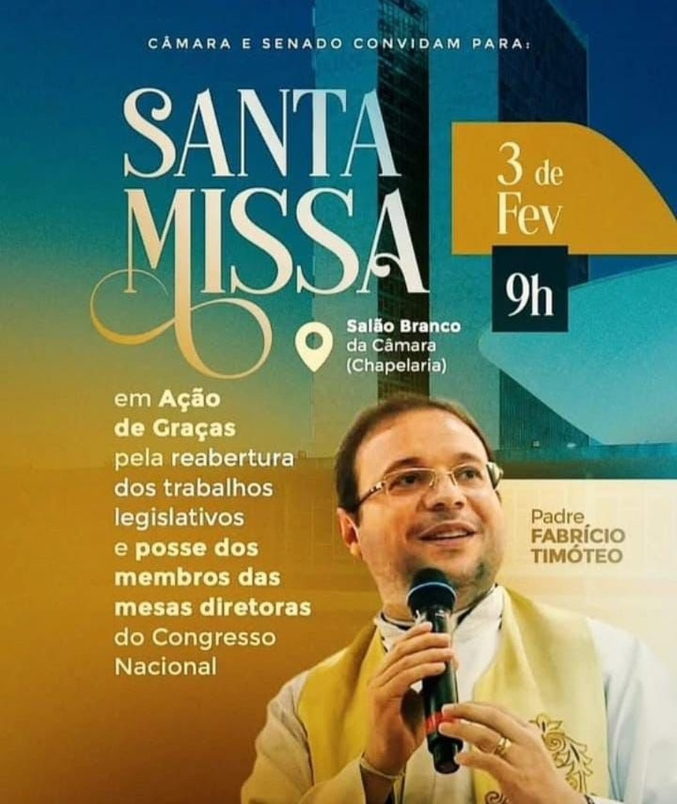 Convite para missa de abertura dos trabalhos no Congresso; padre foi escolhido por Hugo Motta — Foto: Reprodução