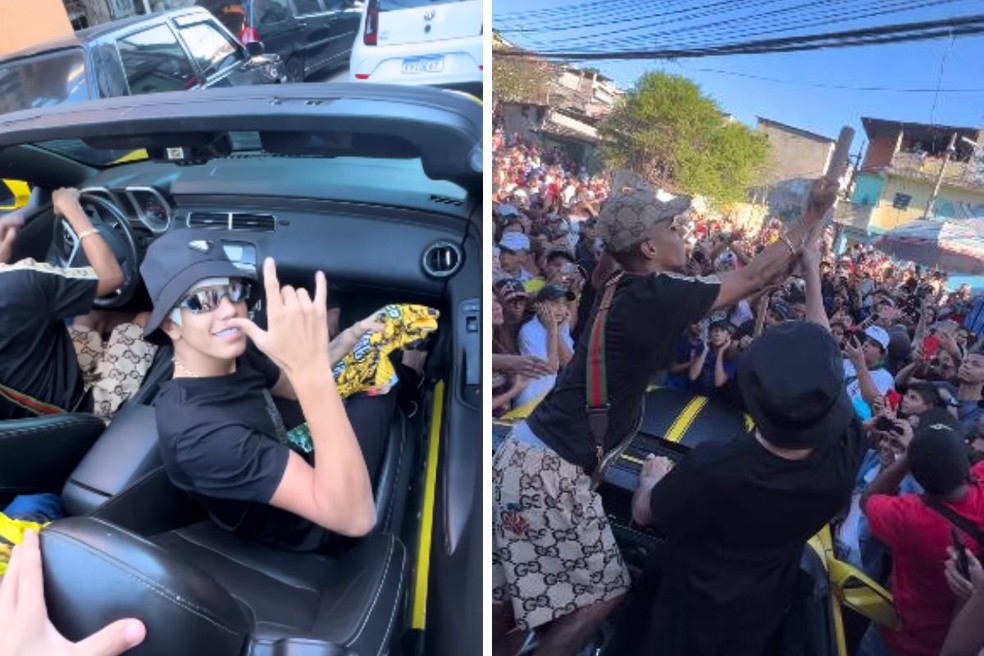 Meno Kabrinha comemorou volta para casa com multidão e fogos de artifício — Foto: Reprodução/Redes Sociais