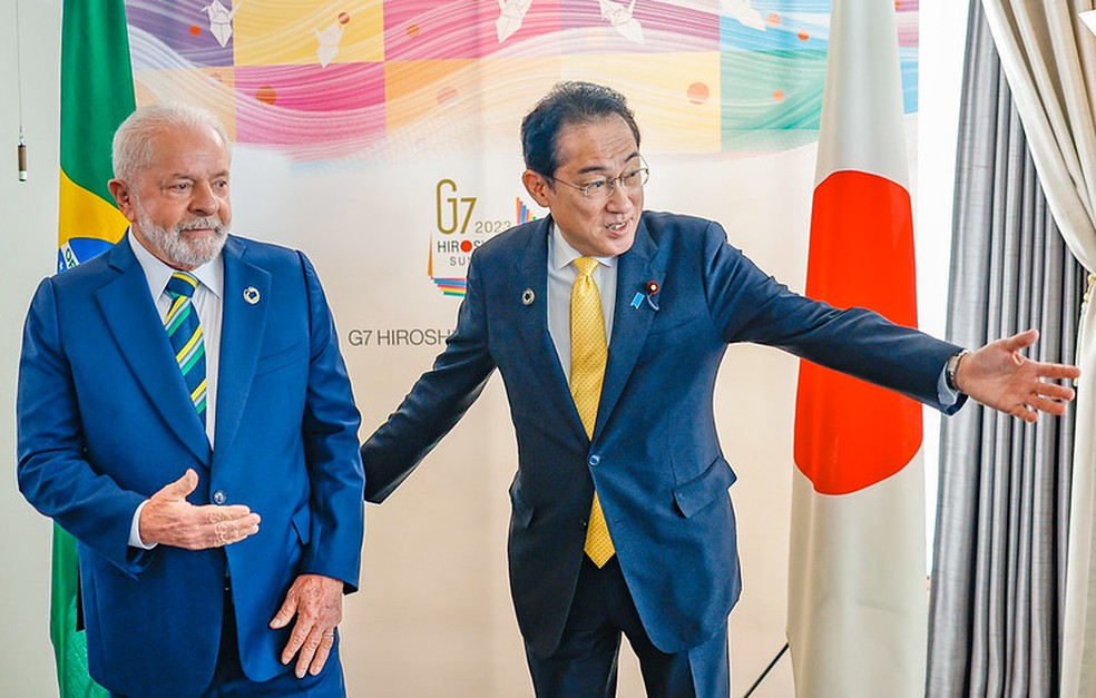 Lula durante Encontro com o primeiro-ministro do Japão, Fumio Kishida, em Hiroshima neste sábado (20). — Foto: Ricardo Stuckert/PR