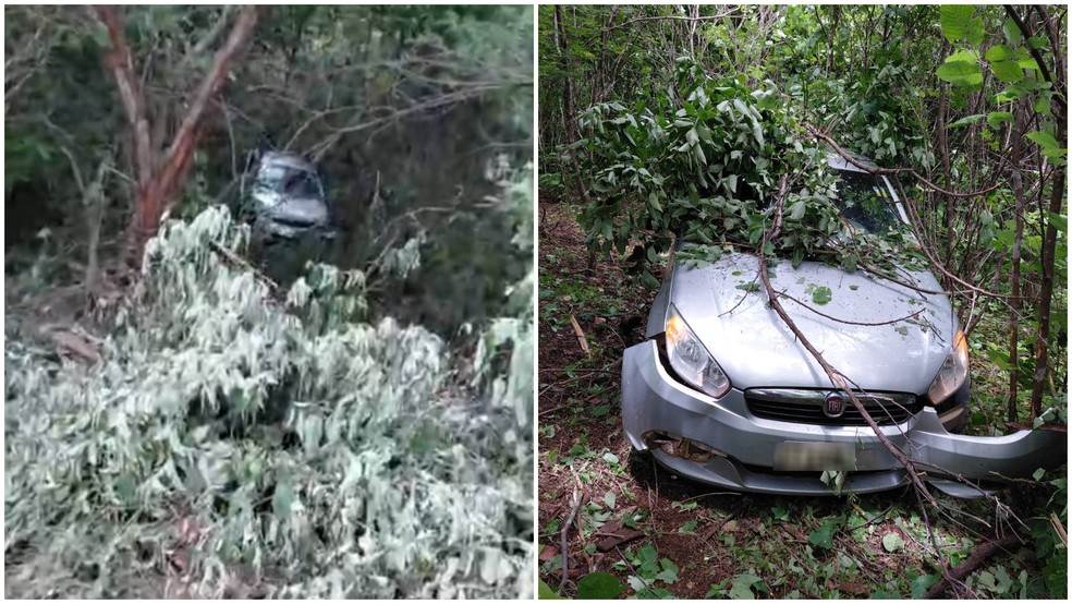 Antes de carro capotar, outro veículo saiu da pista e atingiu vegetação após derrapar em pista com brita em Potengi (CE) — Foto: Reprodução