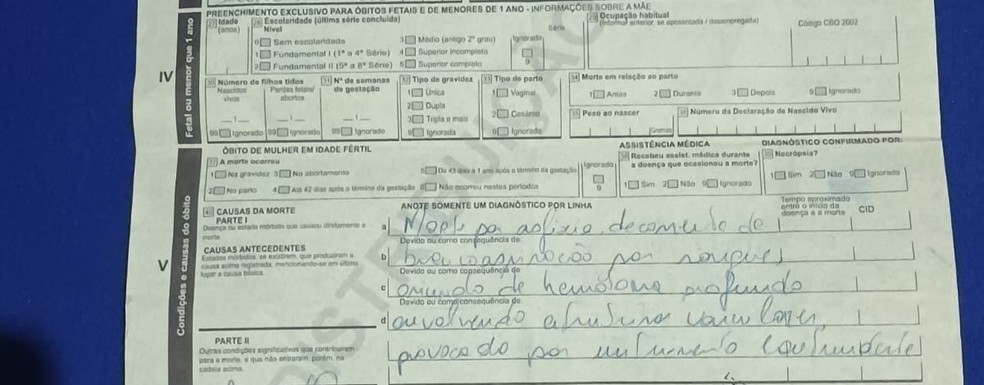 Declaração de óbito aponta hemorragia interna  — Foto: Arquivo pessoal