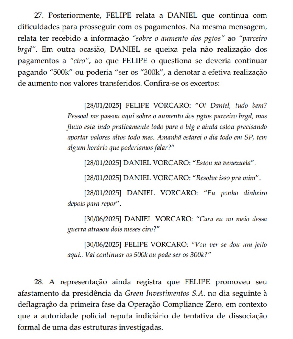 Trecho de documento da Operação Compliance Zero relata conversas entre Felipe e Daniel Vorcaro — Foto: Reprodução