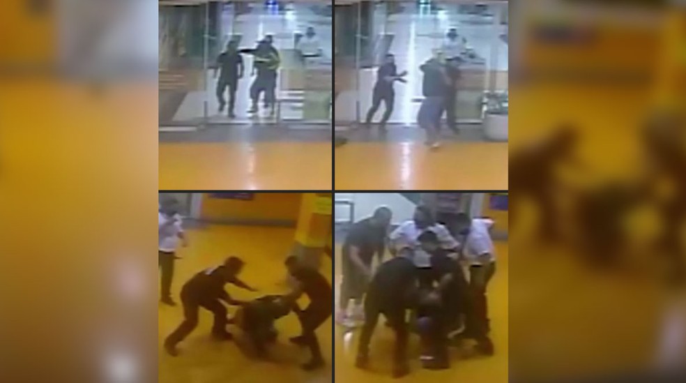 Montagem com imagens da agressão de João Alberto — Foto: Arte/G1