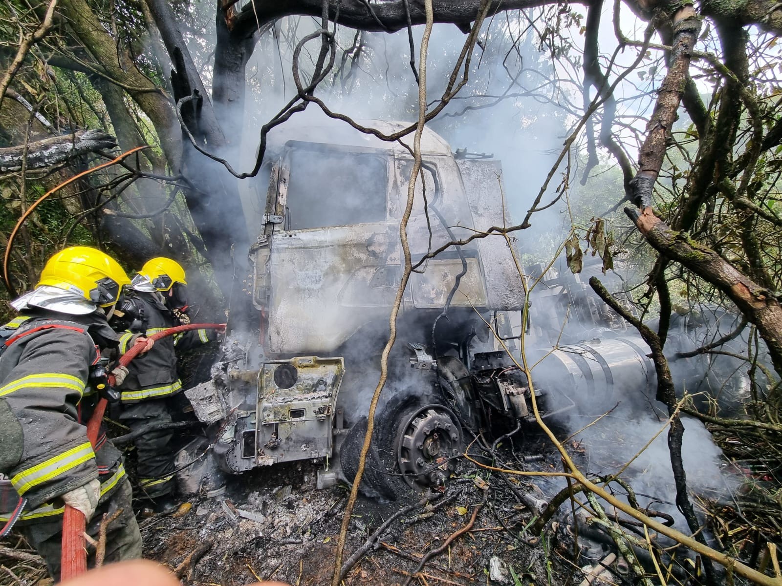 Carreta pega fogo após desviar de carro que fazia ultrapassagem, descer barranco e bater em árvore na BR-265