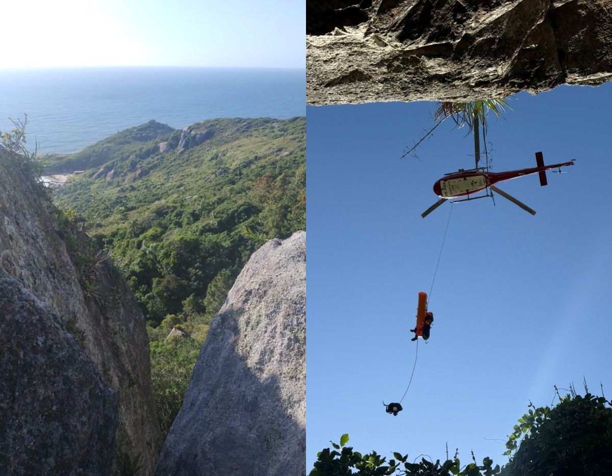 Praticante de rapel sofre queda de 20 metros entre pedras e mobiliza resgate por terra e ar em Florianópolis; VÍDEO