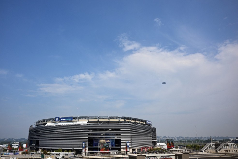 Estádio de Nova York/Nova Jersey, em East Rutherford, nos Estados Unidos, nesta sexta-feira (17), dois dias antes da final da Copa do Mundo de 2026 entre Espanha e Argentina. — Foto: Paul Ellis/AFP