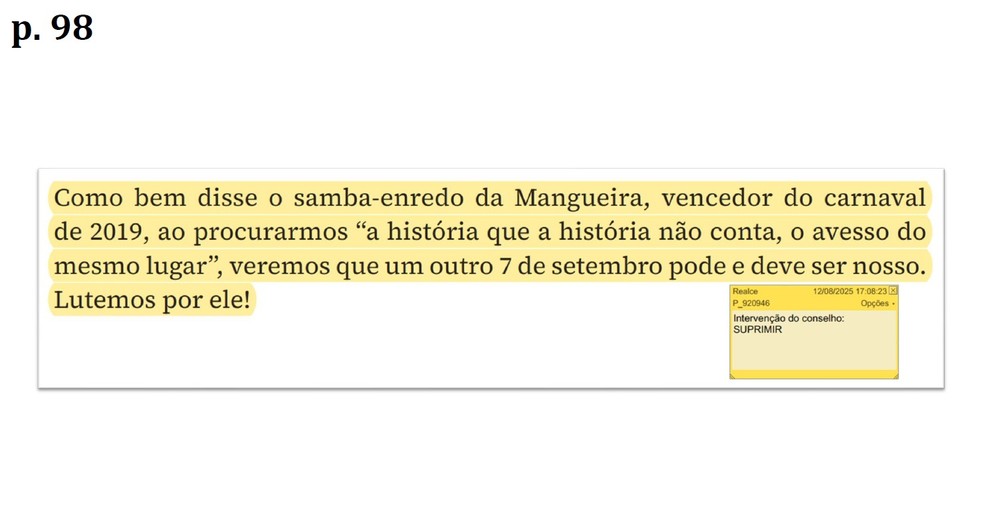 Documento de historiadores aponta trechos censurados de livro sobre a independência. — Foto: Reprodução