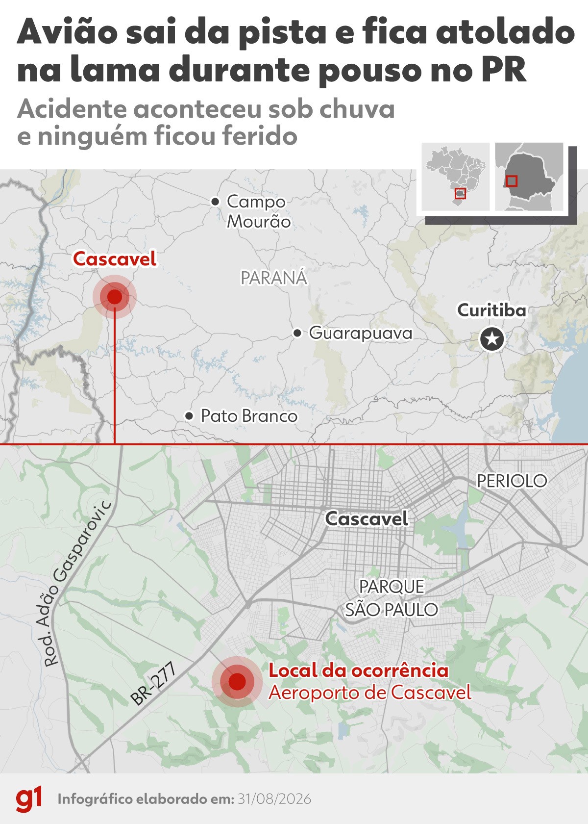 Avião da Latam com 151 pessoas a bordo sai da pista durante pouso e fica atolado na lama no Paraná