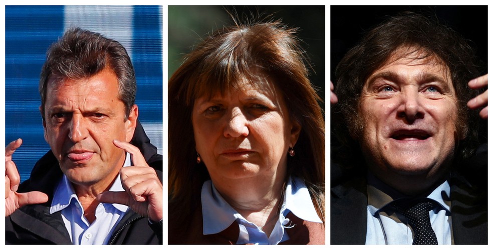 Montagem mostra os candidatos Sergio Massa, Patricia Bullrich e Javier Milei — Foto: Reuters