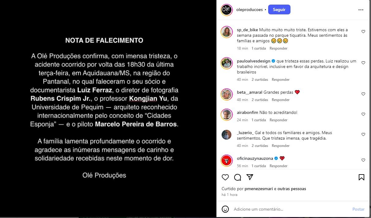 Queda de avião no Pantanal: 'a família lamenta profundamente' as mortes de documentaristas, arquiteto e piloto, diz produtora