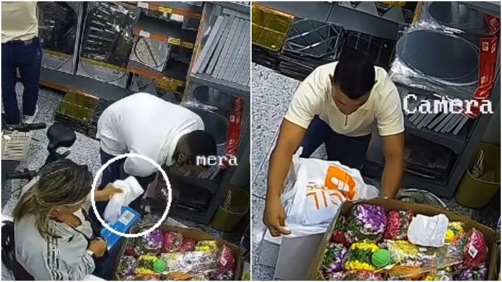 Criminosos se passavam por clientes, recolhiam os produtos e colocava em sacolas da loja que eles levavam na bolsa. — Foto: Reprodução