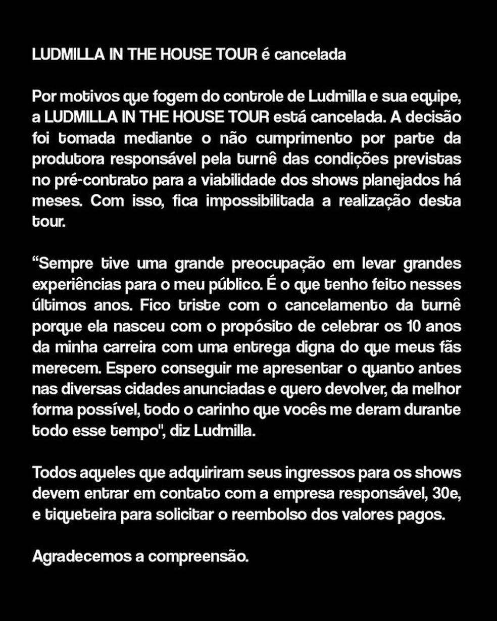 Ludmilla cancela turnê — Foto: Reprodução/Instagram