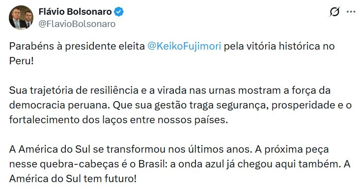 Flávio Bolsonaro parabeniza Keiko Fujimori, eleita presidente do Peru: 'a próxima peça é o Brasil'