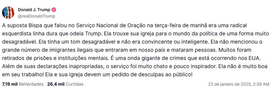 Trump chama bispa de 'hater', diz que sermão foi sem inteligência e exige desculpas públicas