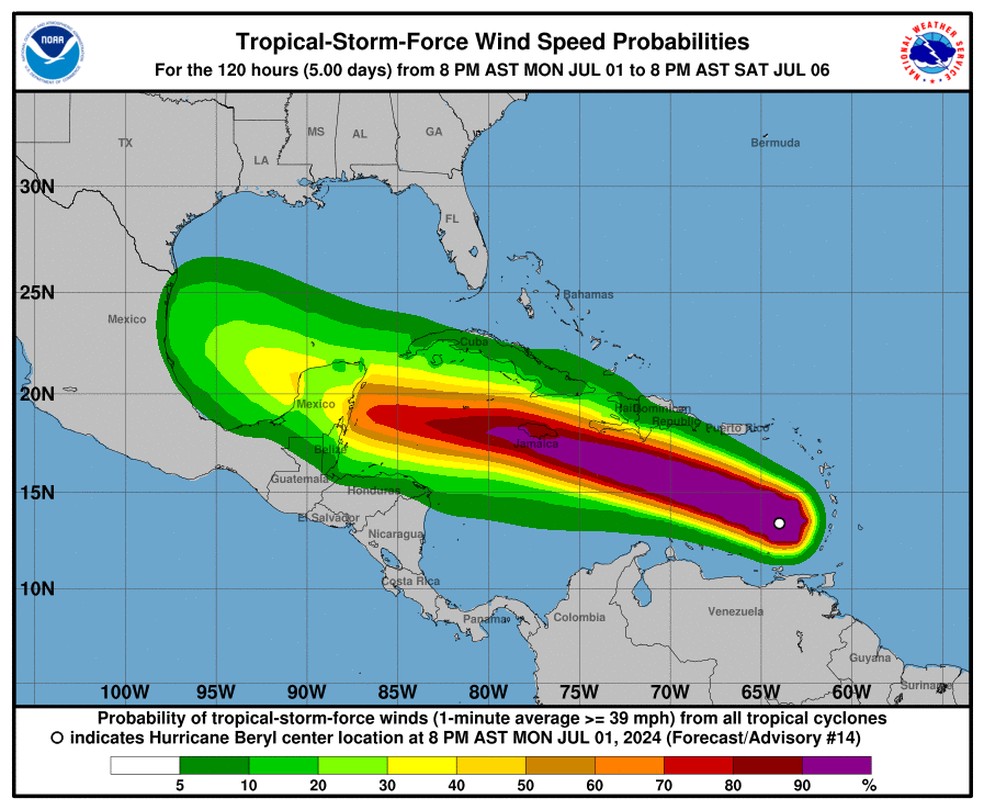 Projeção indica caminho do furacão Beryl pelo Caribe — Foto: NHC/Reprodução