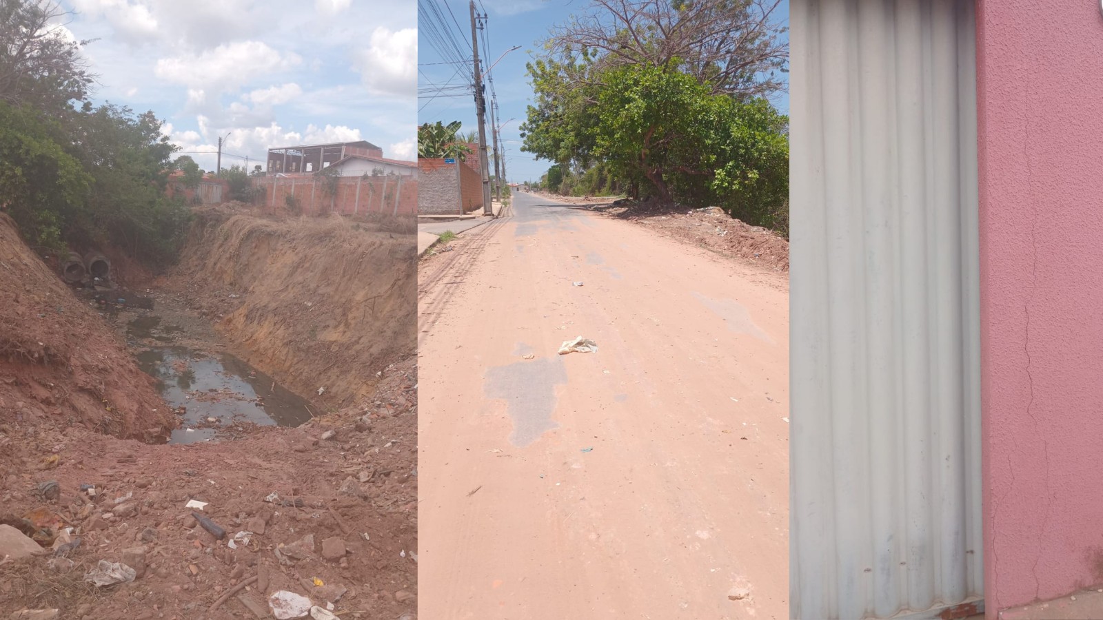 Moradores reclamam de cratera aberta, casas rachadas e poeira durante obra em canal de esgoto