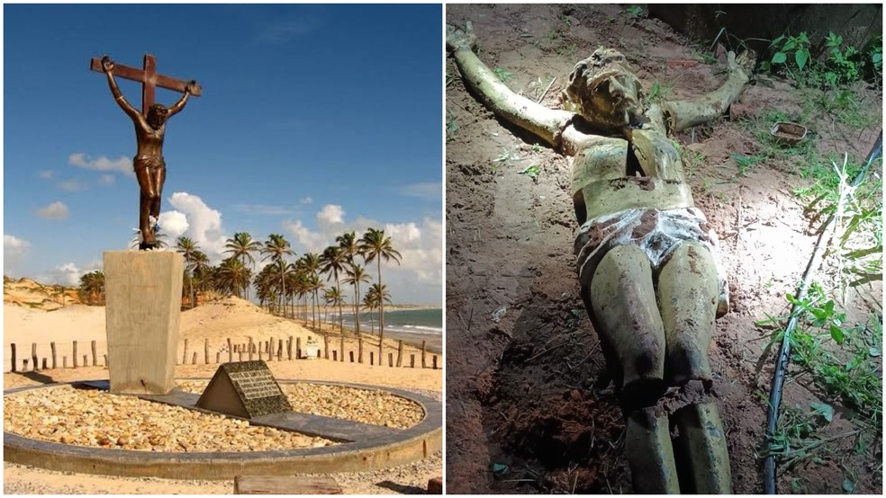Estátua de Cristo que havia sido furtada em praia do Ceará foi encontrada enterrada em quintal de morador da cidade — Foto: Reprodução