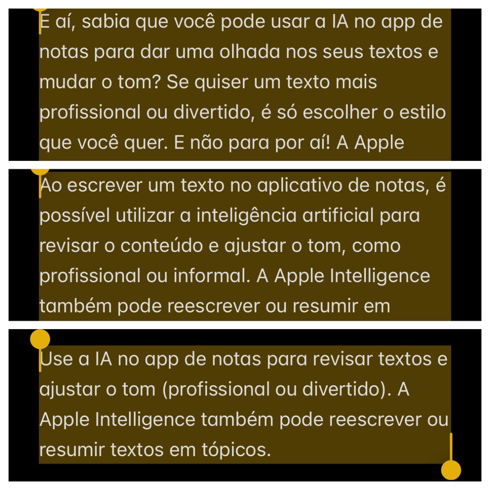 Estilos de texto da Apple Intelligence: de cima para baixo, amigável, profissional e conciso. — Foto: Reprodução