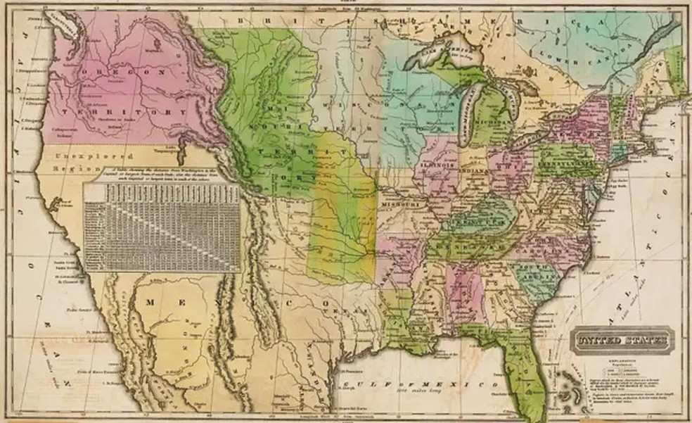 Em 1828, os EUA já haviam se expandido até o Pacífico, com a aquisição do Oregon. — Foto: Getty Images via BBC