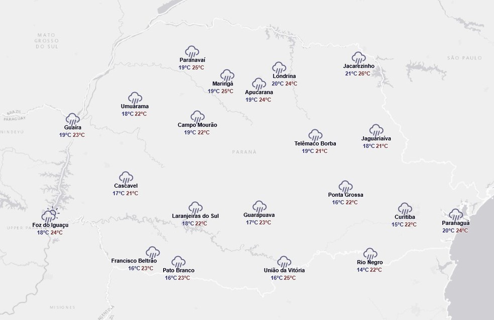 Previsão do tempo do Simepar para segunda-feira, 17 de novembro — Foto: Reprodução/Simepar