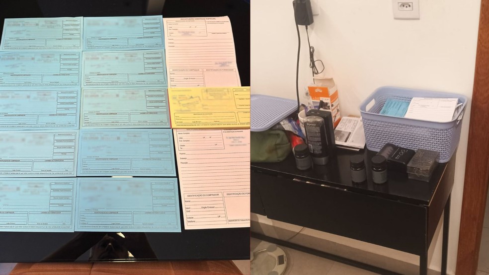 PF encontrou muitos blocos de receituários e carimbos médicos falsificados durante operação contra fraude no Farmácia Popular no Espírito Santo — Foto: Divulgação/Polícia Federal