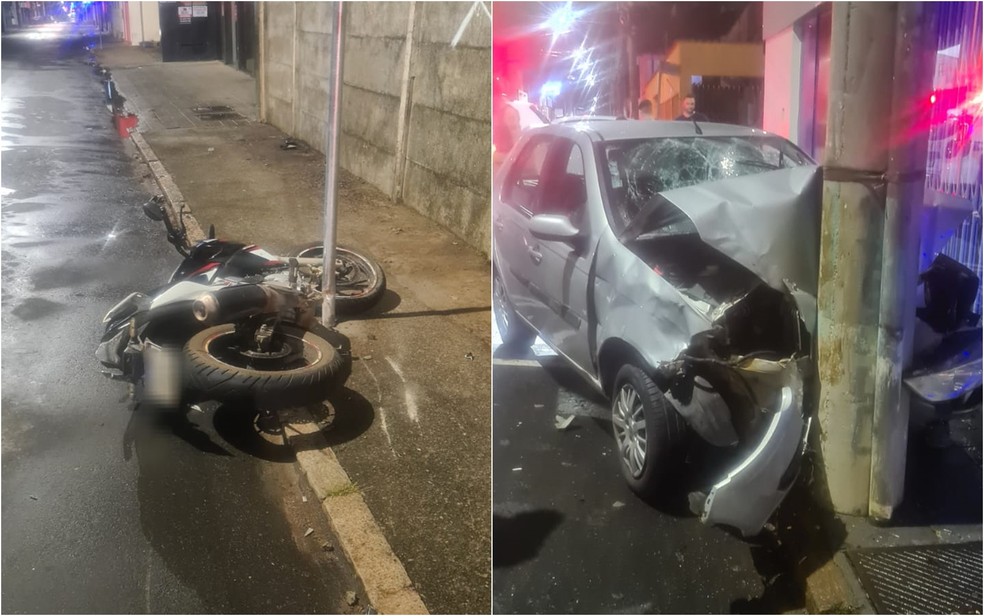 Batida entre carro e moto deixa três feridos em Alfenas, MG — Foto: Corpo de Bombeiros