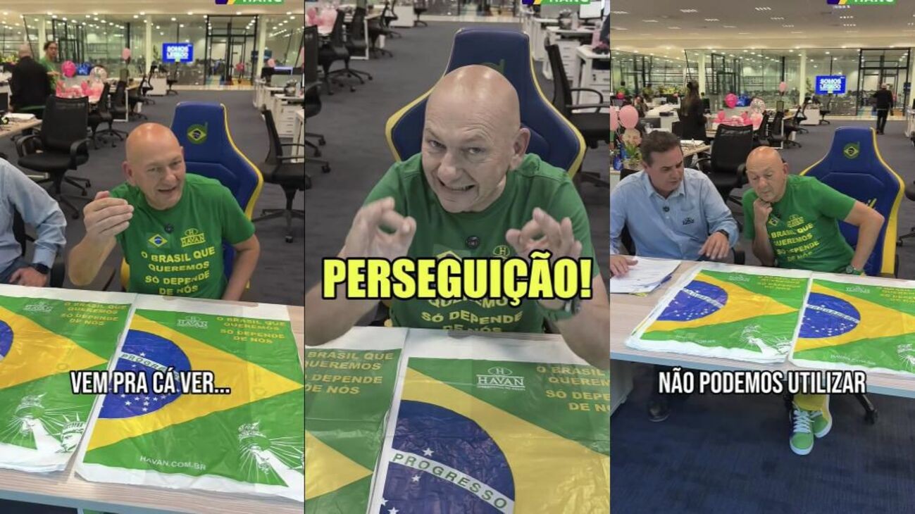 Luciano Hang em frente a uma loja Havan com a bandeira do Brasil
