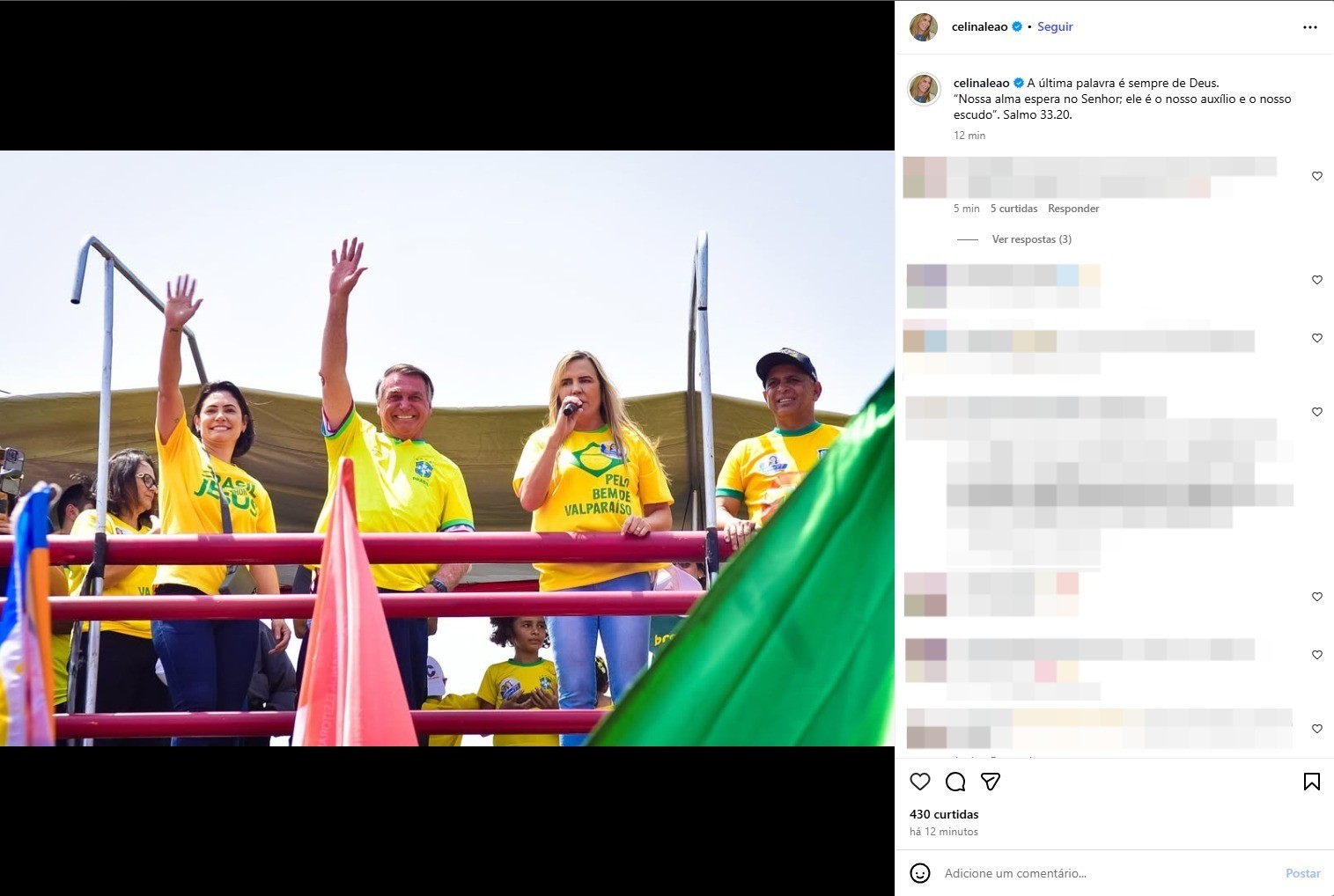 Vice do DF, Celina Leão publica foto com Bolsonaro e versículo: 'Última palavra é sempre de Deus'