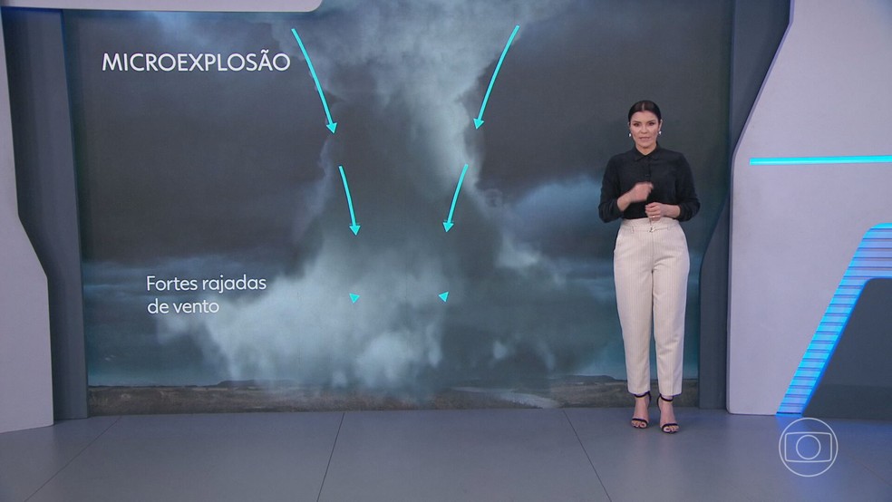 Microexplosão é quando uma intensa corrente de vento se desprende da nuvem. — Foto: TV Globo/Reprodução
