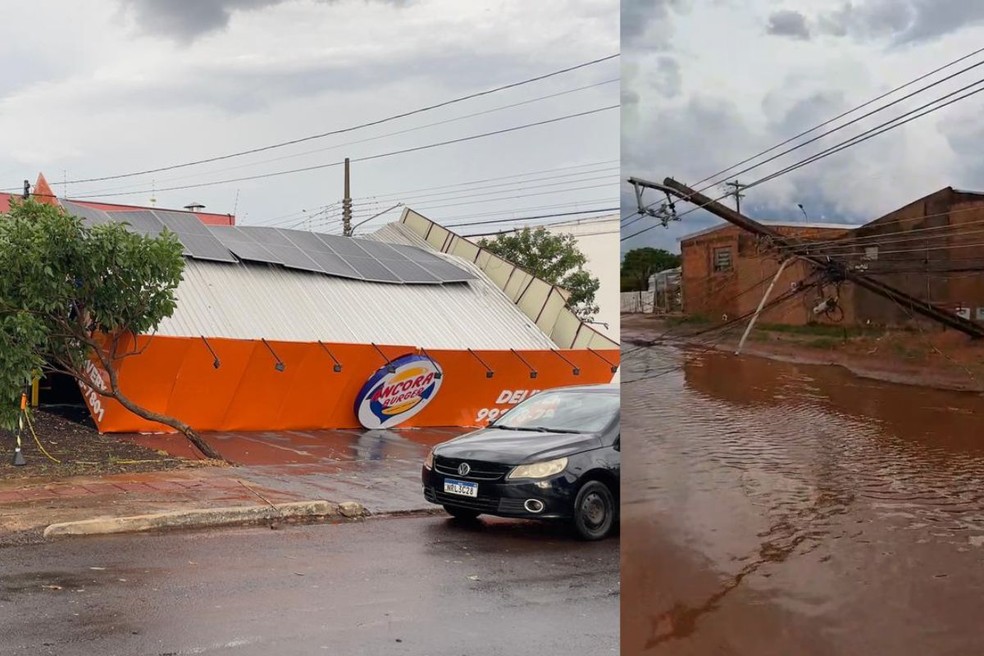 Fachada de restaurante e postes caíram em Campo Grande. — Foto: Reprodução