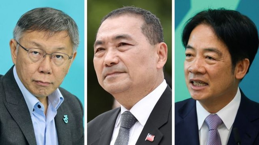 Da esquerda para a direita: Ko Wen-je (PPT), Hou You-yi (KMT) e Lai Ching-te (PPD) — Foto: GETTY IMAGES via BBC