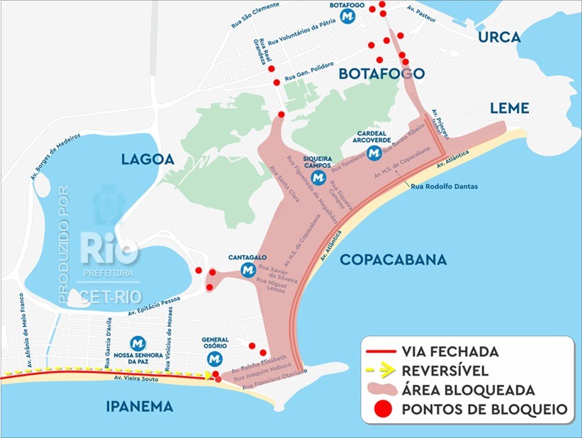 Copacabana tem bloqueios no trânsito na manhã deste domingo e acesso totalmente bloqueado a partir das 19h30
