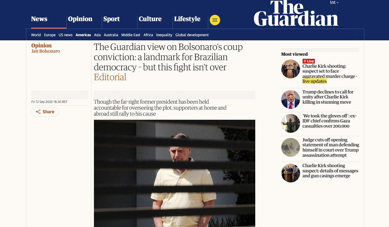 'Marco para a democracia brasileira, mas a luta não acabou': em editorial, 'Guardian' apoia a condenação de Bolsonaro