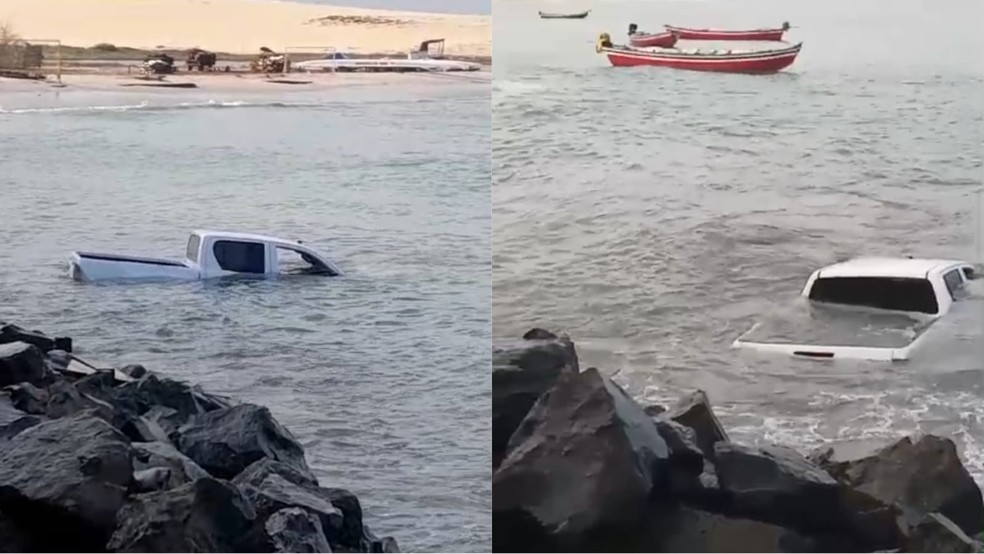 Mar leva carro que estava estacionado na Praia de Jericoacoara, no Ceará. — Foto: Reprodução
