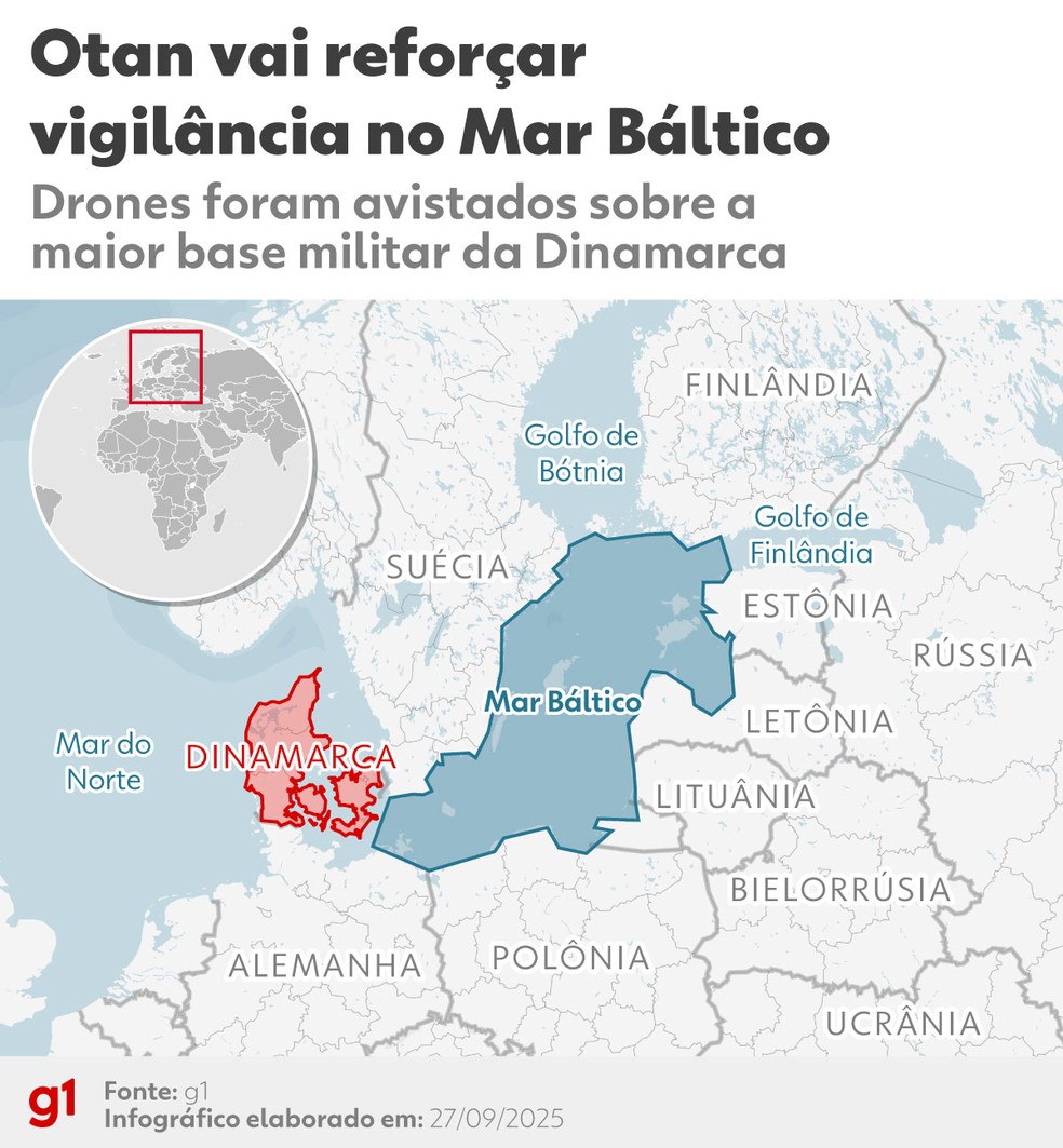 Mapa mostra a localização da Dinamarca e do Mar Báltico. — Foto: Arte/g1