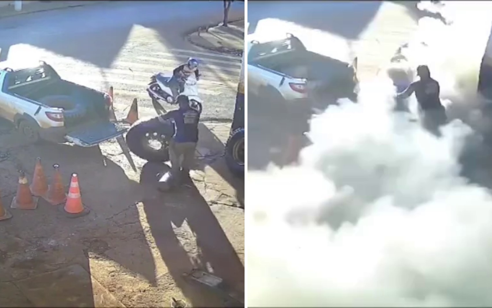 VÍDEO: pneu explode enquanto era colocado em picape no interior de SP e assusta funcionários de borracharia