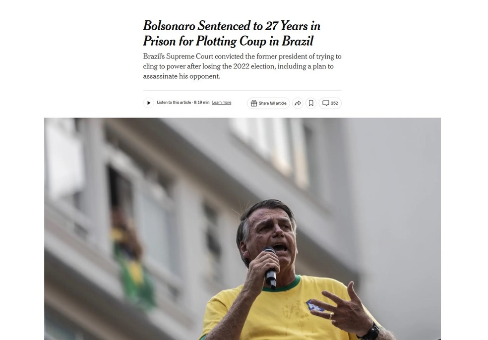 The New York Times repercute a formação de maioria no STF para condenação de Bolsonaro. — Foto: Reprodução/The New York Times