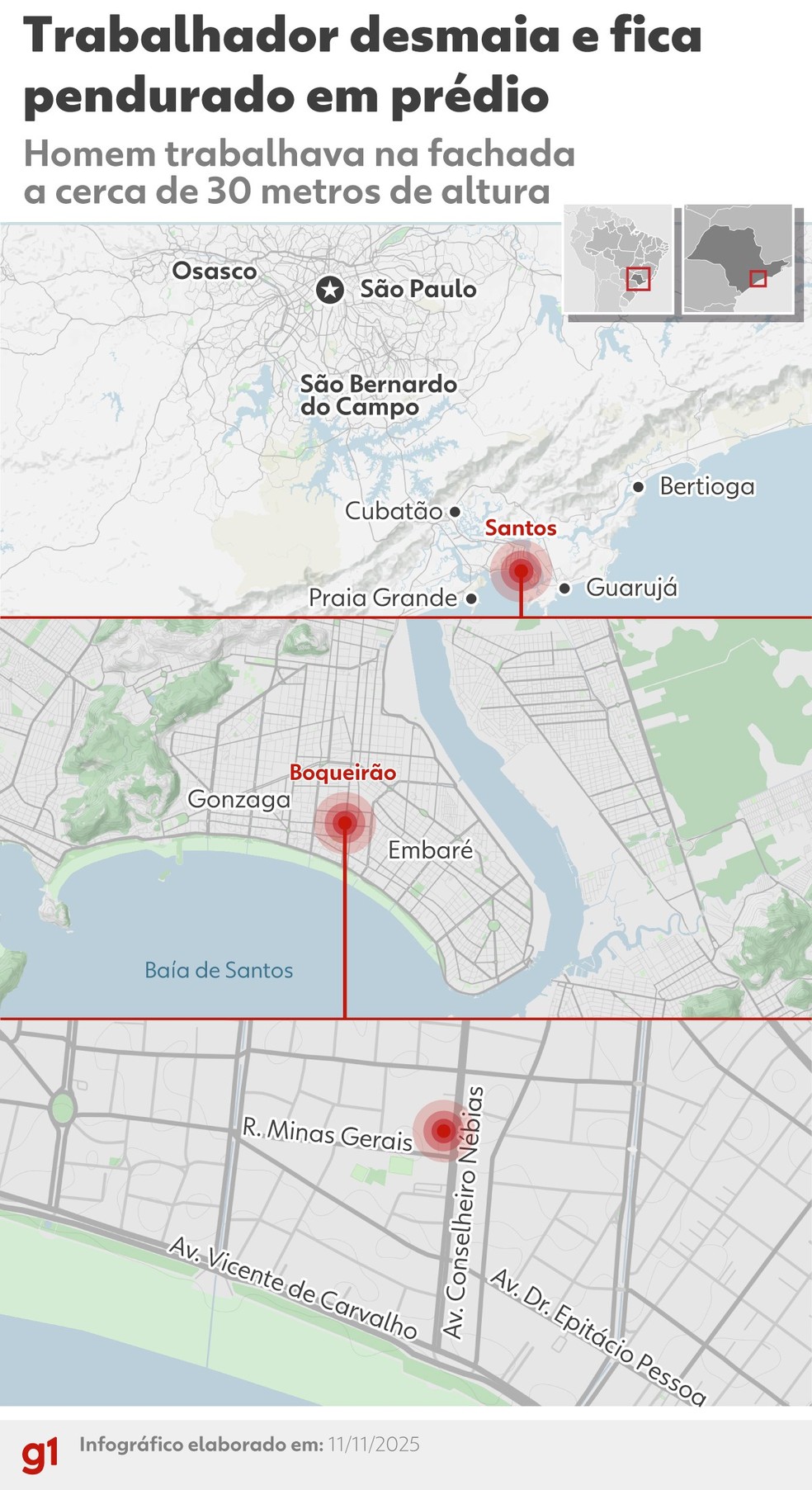 Infográfico - trabalhador desmaia e fica pendurado em prédio — Foto: Arte/g1