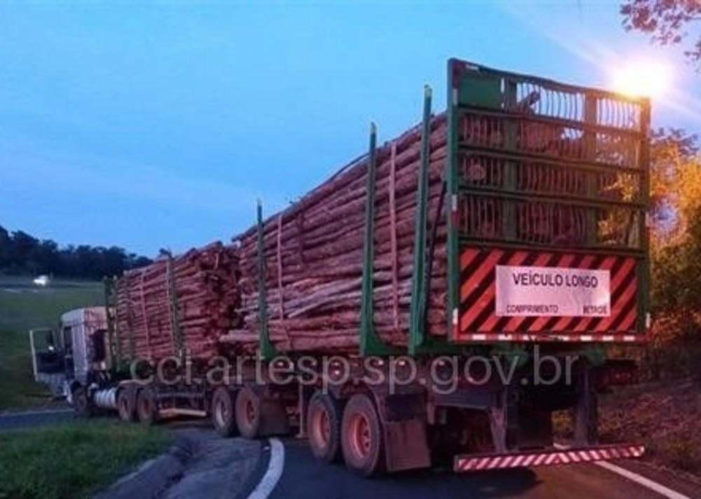 Carreta carregada com madeira fica 'travada' em alça de acesso de viaduto em Águas de Santa Bárbara