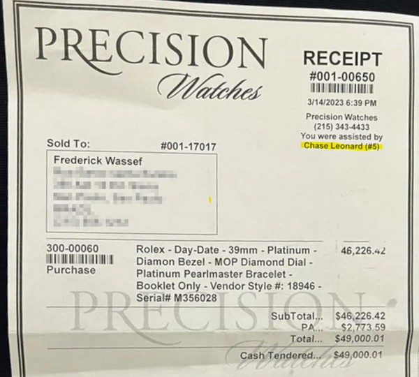 Recibo de compra de Rolex em nome de Frederick Wassef — Foto: Reprodução