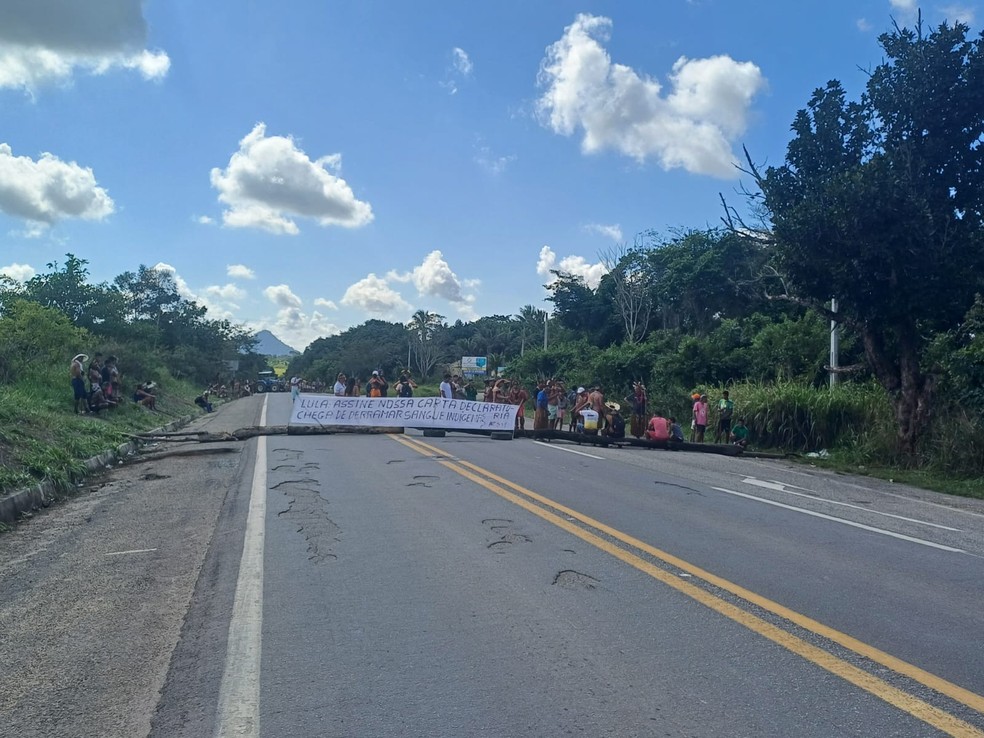 Grupo interditou totalmente o trecho da rodovia, nas proximidades do trevo de Itamaraju, próximo à entrada do Parque Nacional Monte Pascoal — Foto: Arquivo pessoal