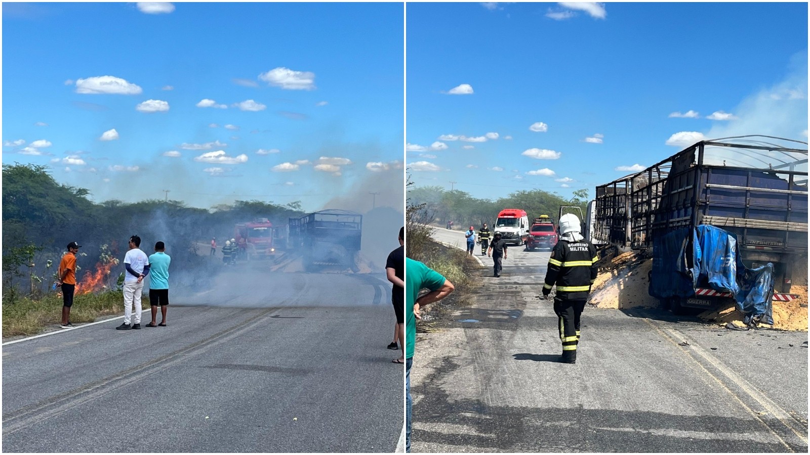 Caminhão pega fogo após colisão frontal com moto na CE-166/265