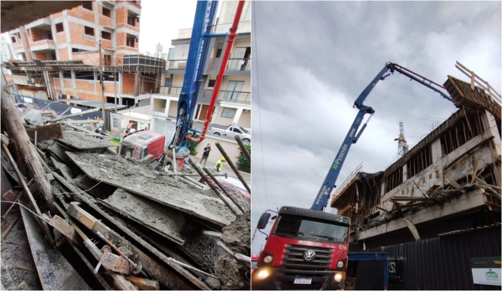 Laje de prédio em construção desaba e trabalhadores caem de 6 metros de altura em SC